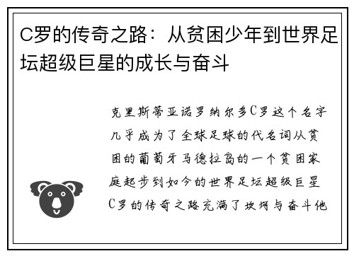 C罗的传奇之路：从贫困少年到世界足坛超级巨星的成长与奋斗