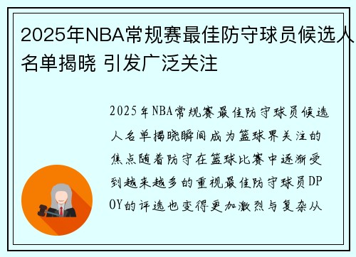 2025年NBA常规赛最佳防守球员候选人名单揭晓 引发广泛关注