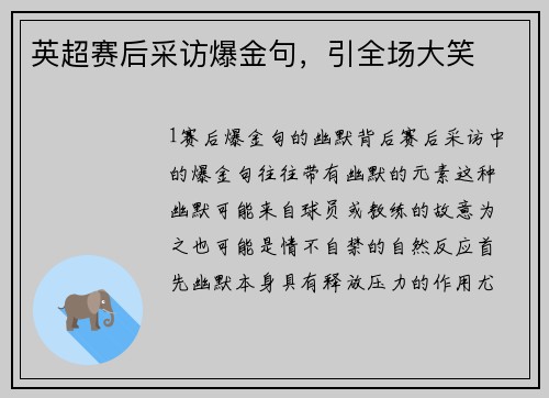 英超赛后采访爆金句，引全场大笑