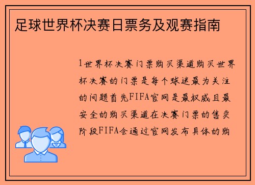 足球世界杯决赛日票务及观赛指南