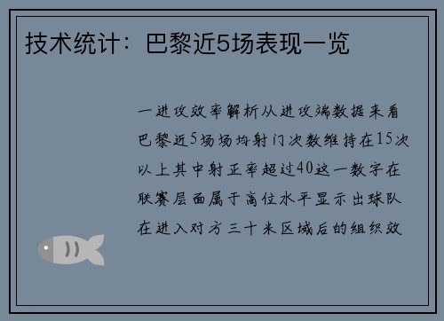 技术统计：巴黎近5场表现一览